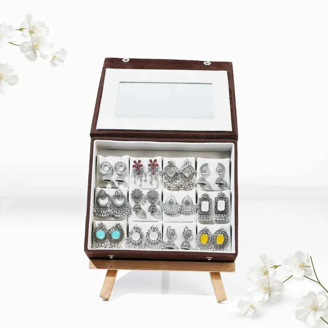 Set Of 12 Oxidized Designer Earrings With Folding Mirror Jewelry Box