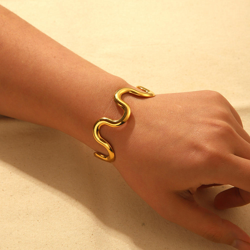 Wavy Rhythm Sculptural Gold Cuff Bracelet