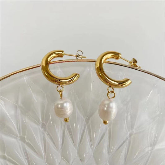 Pearl Drop Gold Hoop Earrings