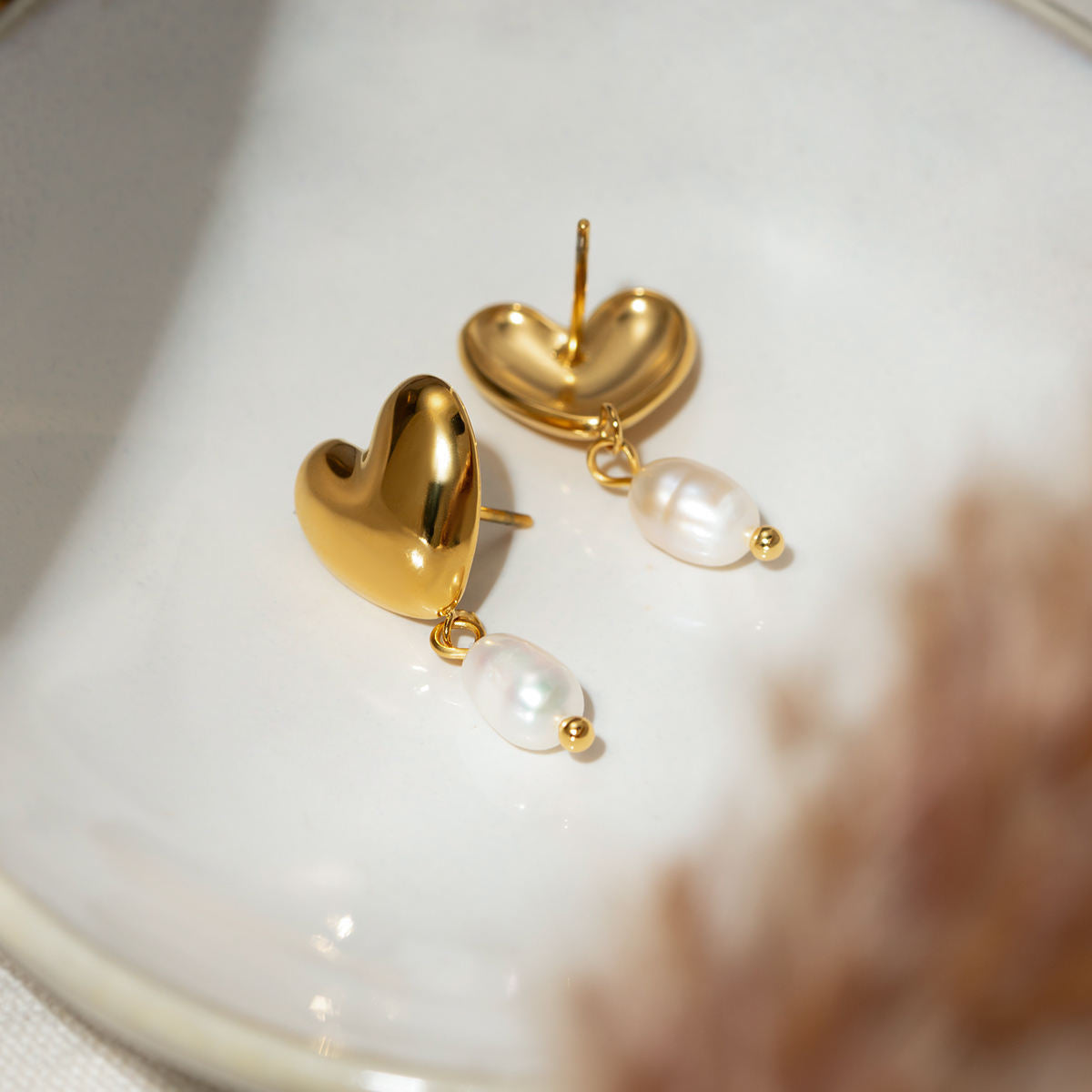 Golden Heart Pearl Drop Earrings