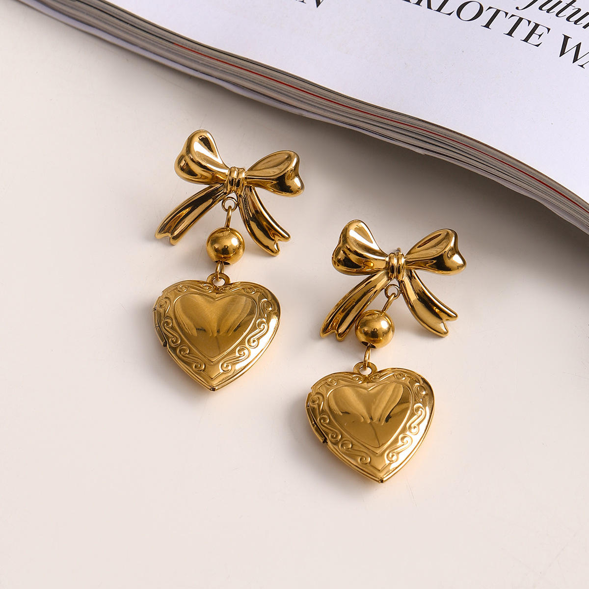 Vintage Bow Heart Drop Earrings