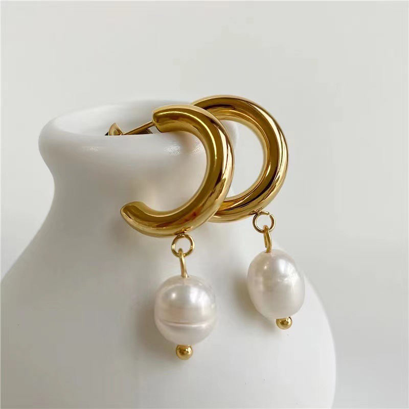 Pearl Drop Gold Hoop Earrings