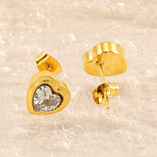 Crystal Heart Gold Stud Earrings