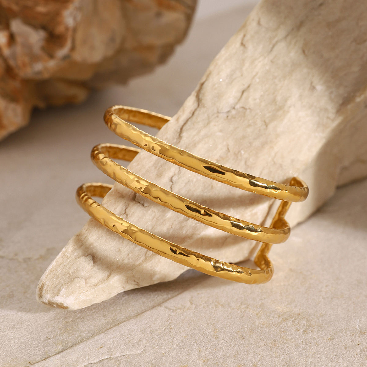 Hammered Horizon Triple-Band Gold Cuff