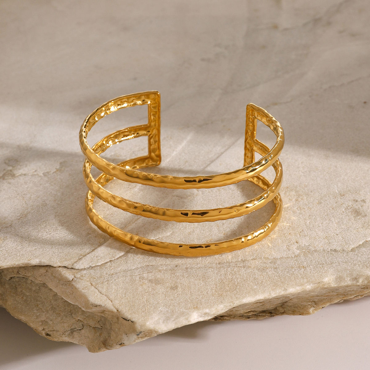Hammered Horizon Triple-Band Gold Cuff
