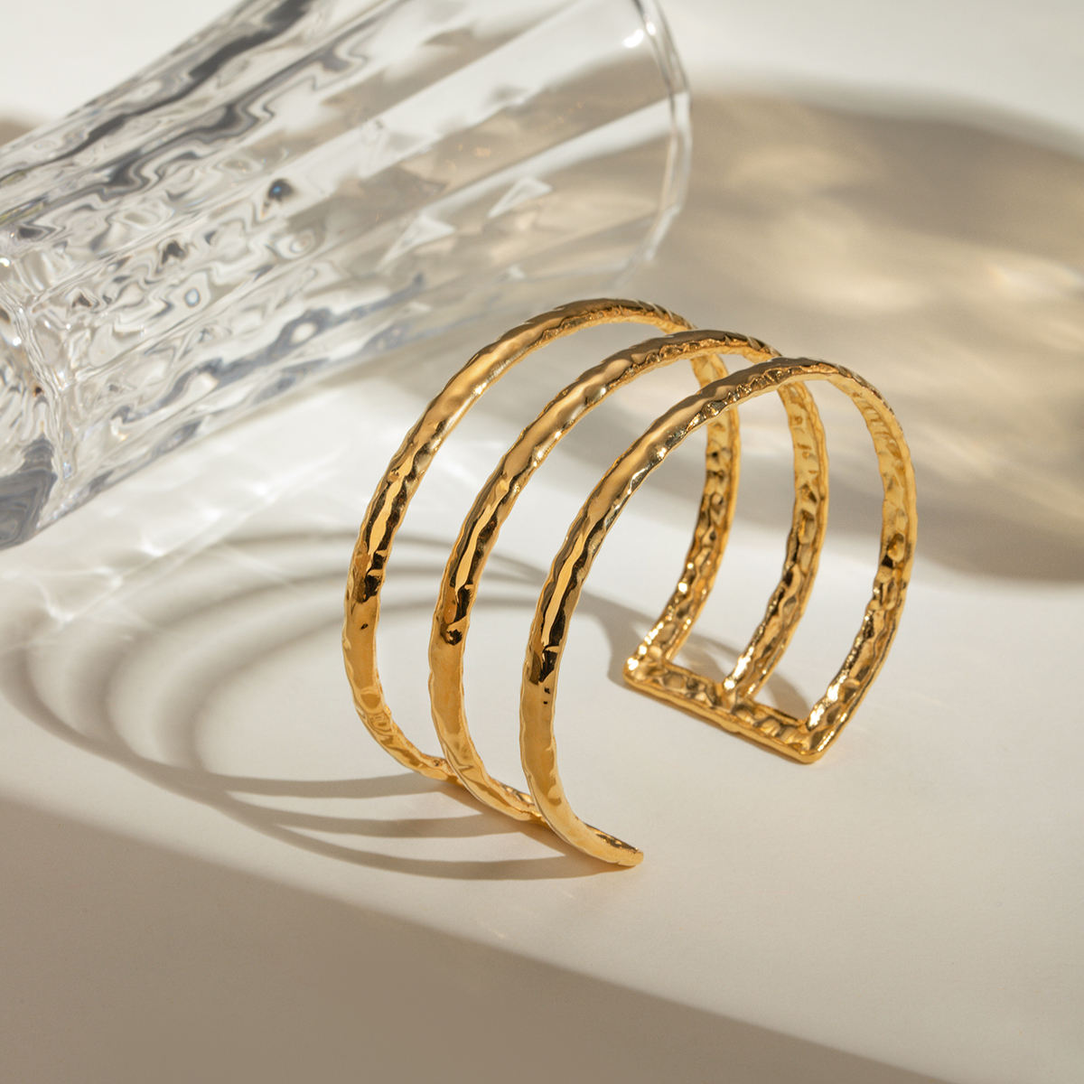 Hammered Horizon Triple-Band Gold Cuff