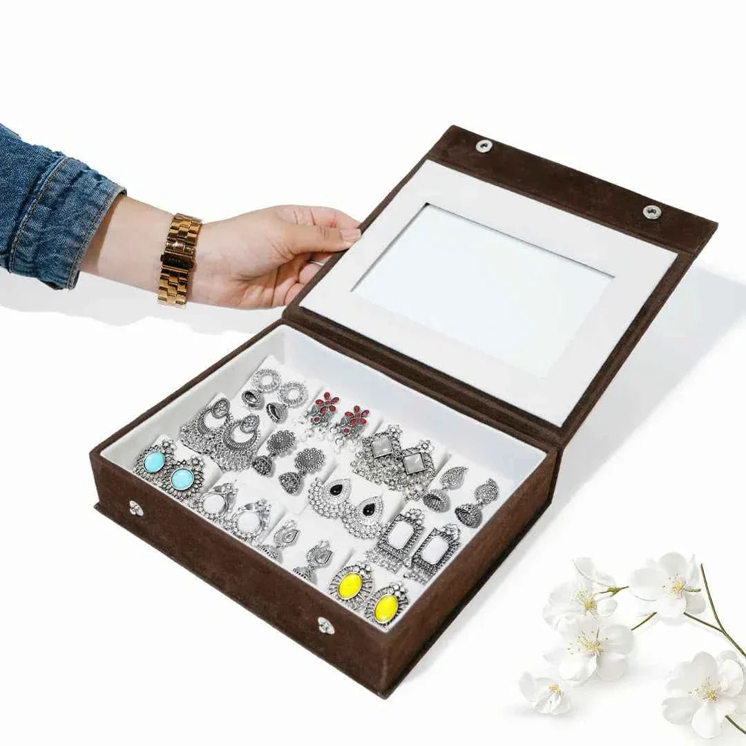 Set Of 12 Oxidized Designer Earrings With Folding Mirror Jewelry Box