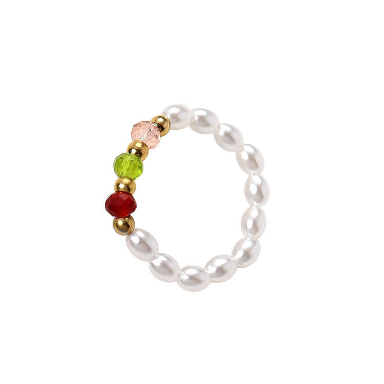 Multi-Gem Pearl Beaded Gold Ring