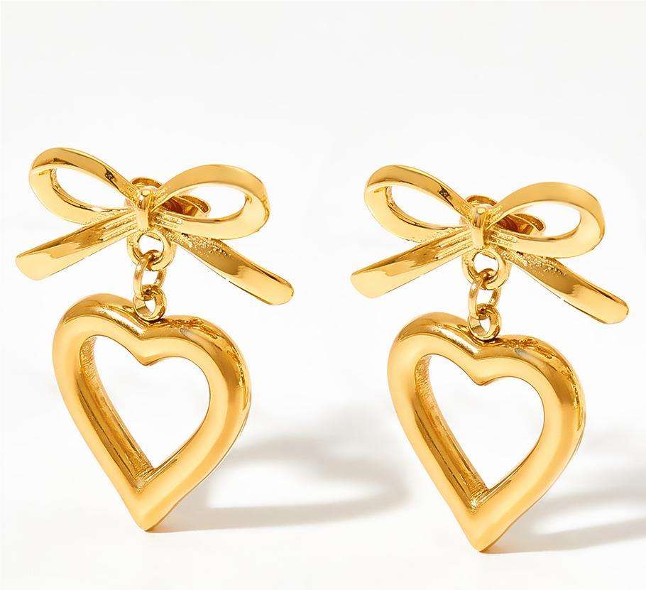 Golden Bow Open Heart Drop Earrings
