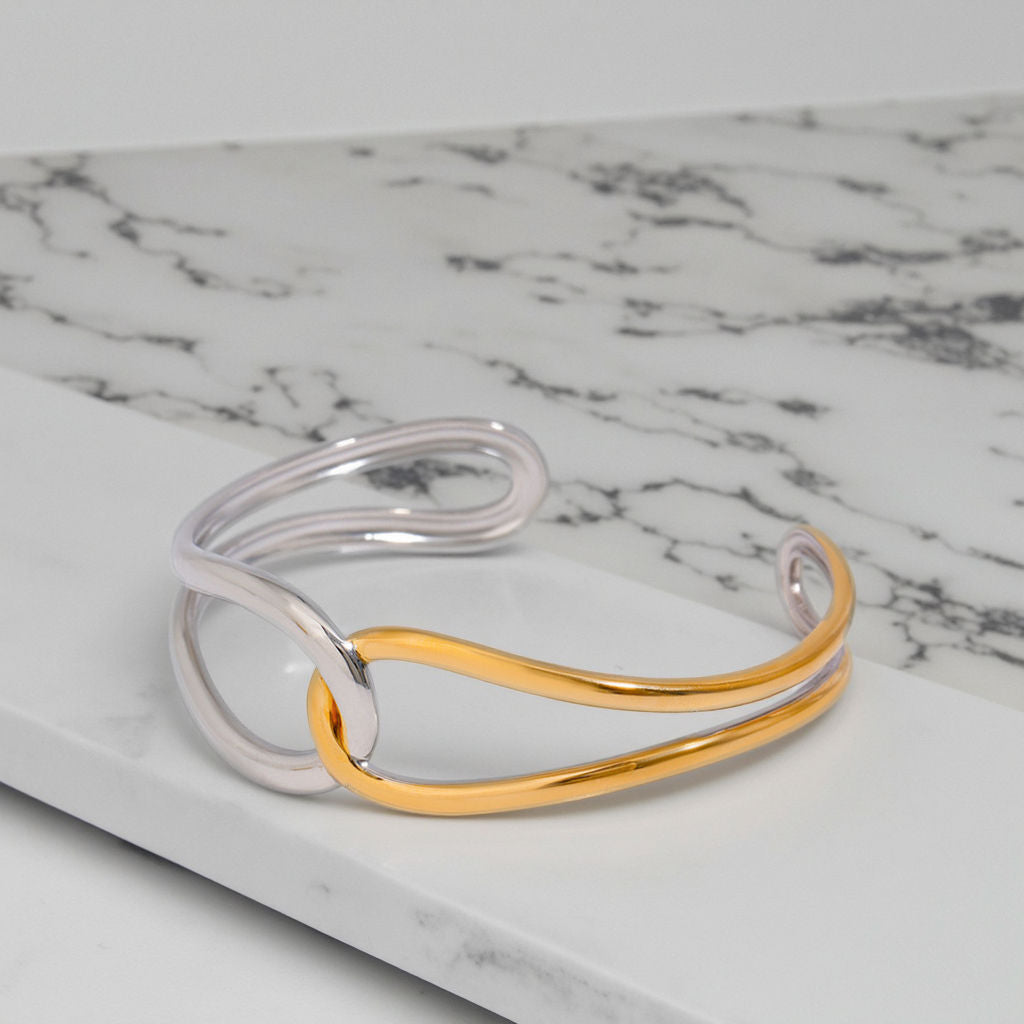 Dual Wave Two-Tone Sculptural Cuff Bracelet