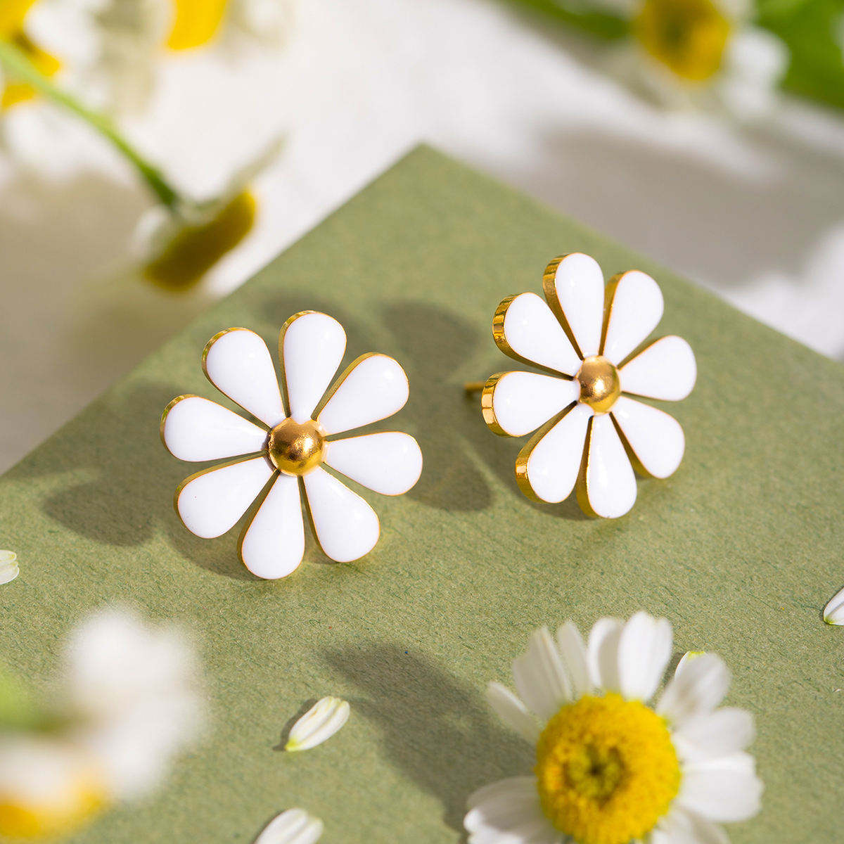 White Daisy Bloom Stud Earrings