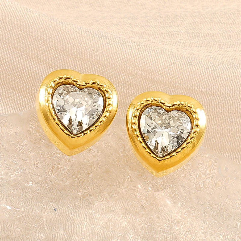 Crystal Heart Gold Stud Earrings