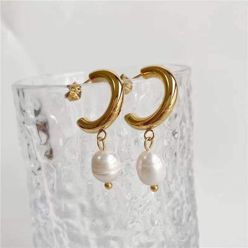 Pearl Drop Gold Hoop Earrings
