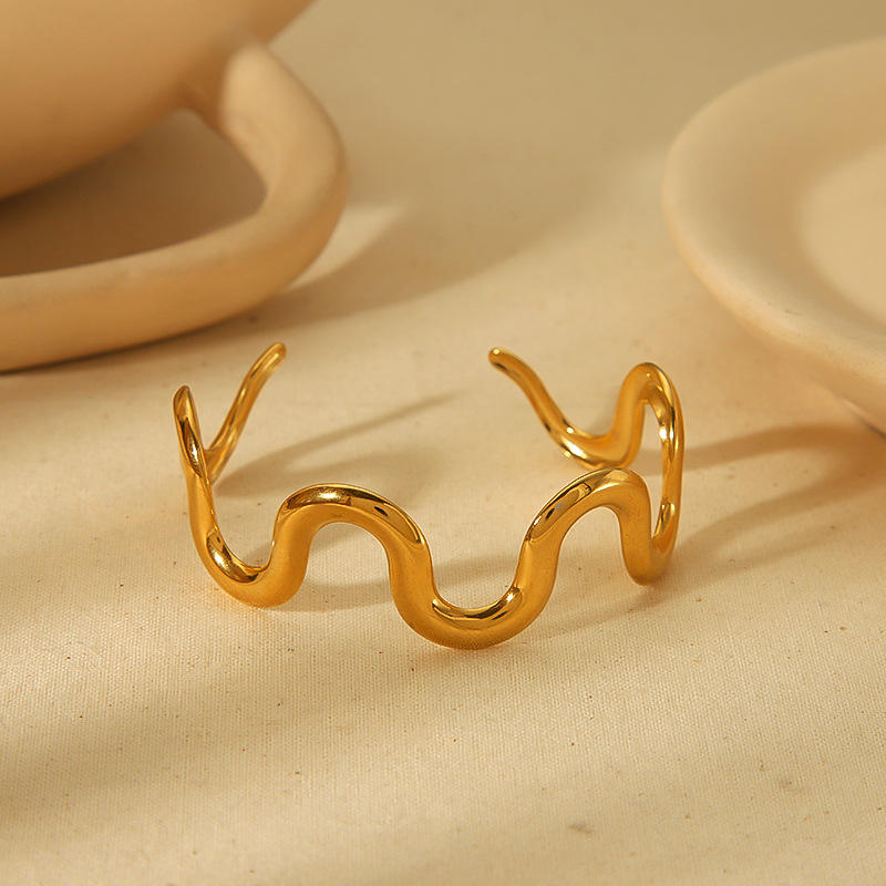 Wavy Rhythm Sculptural Gold Cuff Bracelet