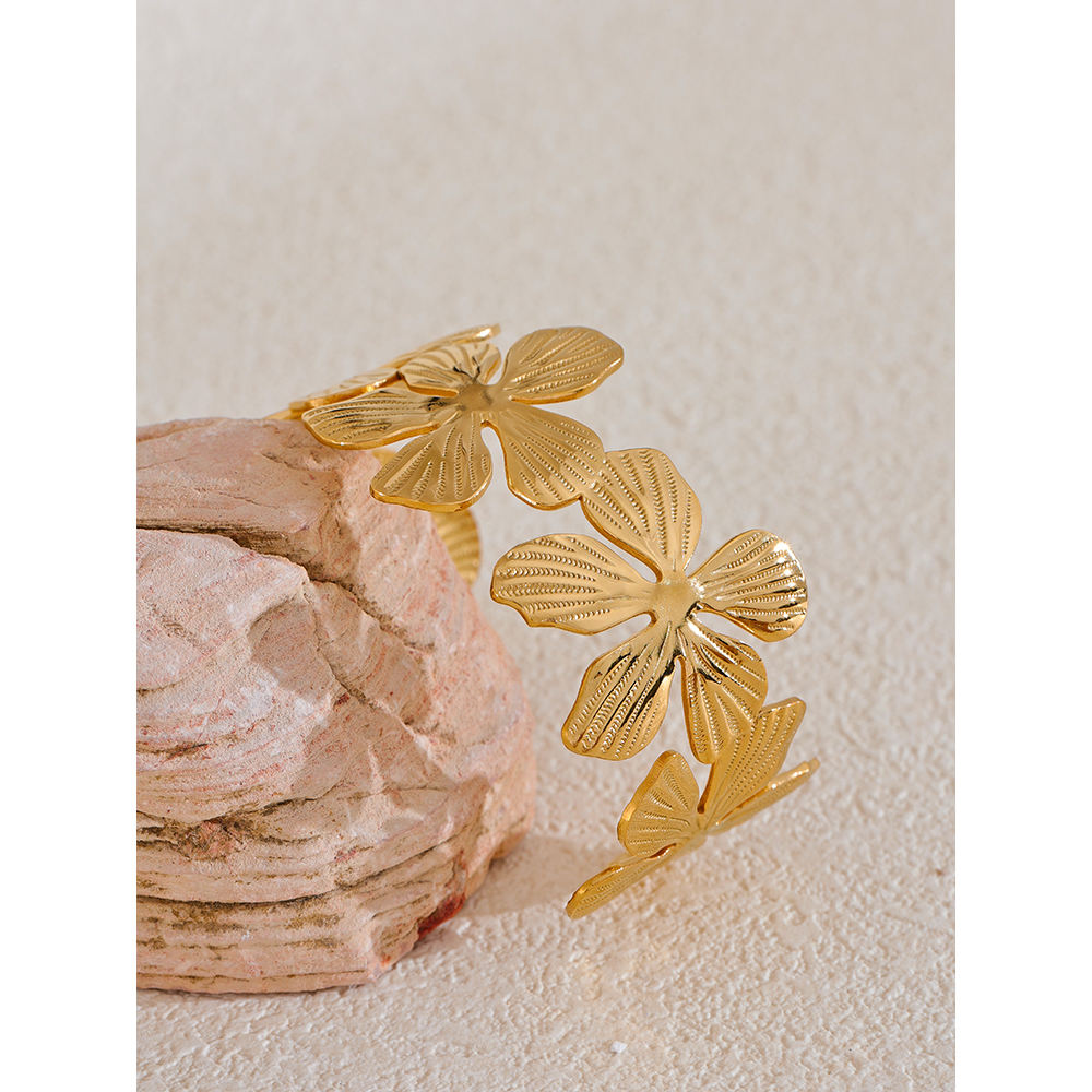 Golden Petal Cascade Floral Cuff Bracelet