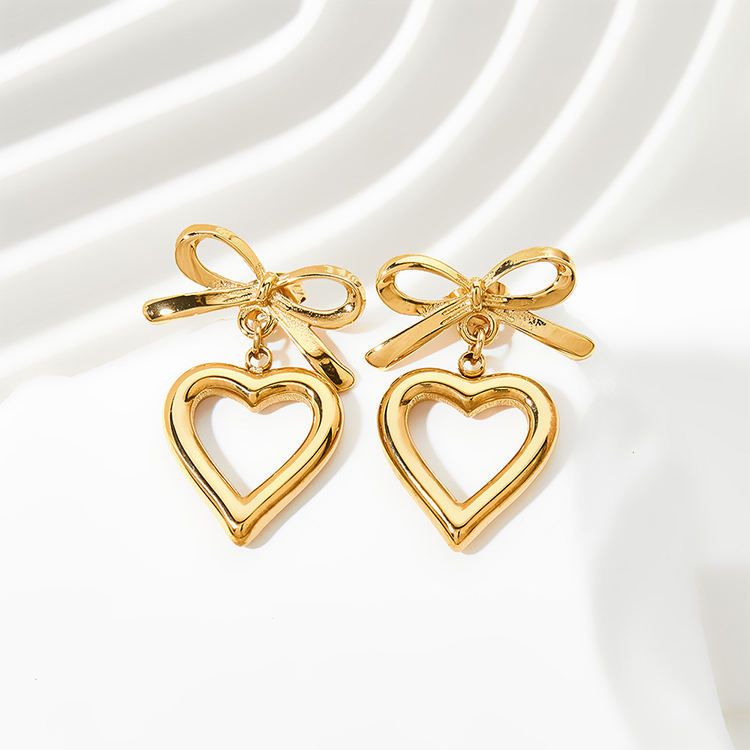 Golden Bow Open Heart Drop Earrings