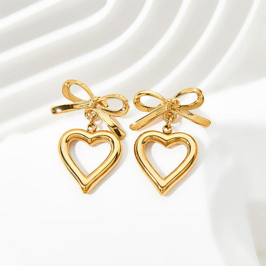 Golden Bow Open Heart Drop Earrings
