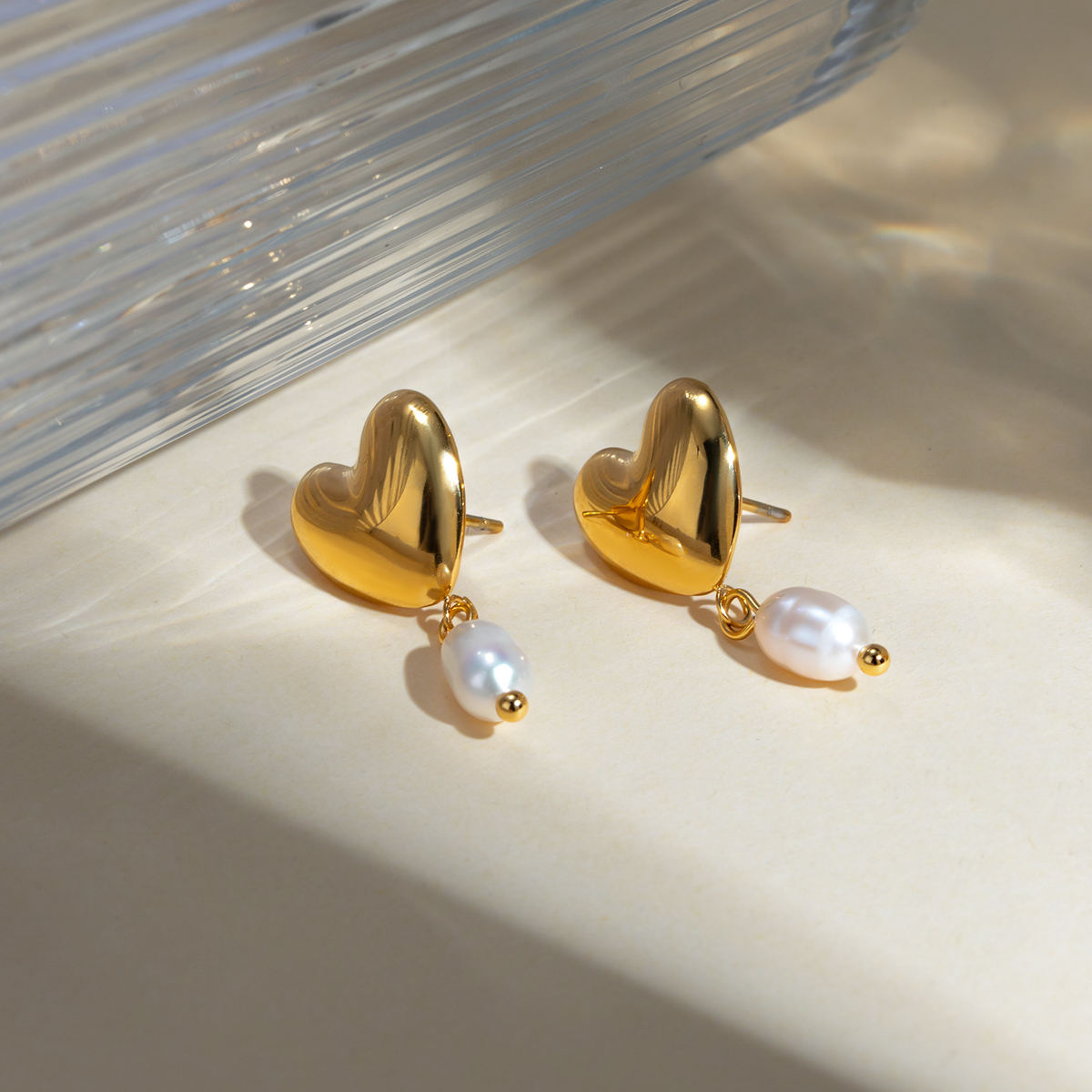 Golden Heart Pearl Drop Earrings