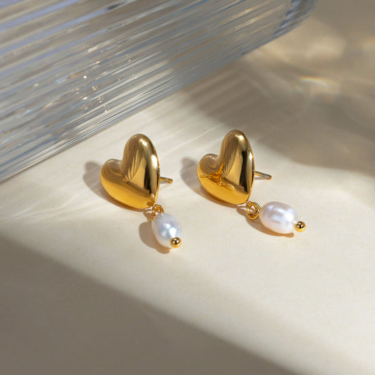 Golden Heart Pearl Drop Earrings