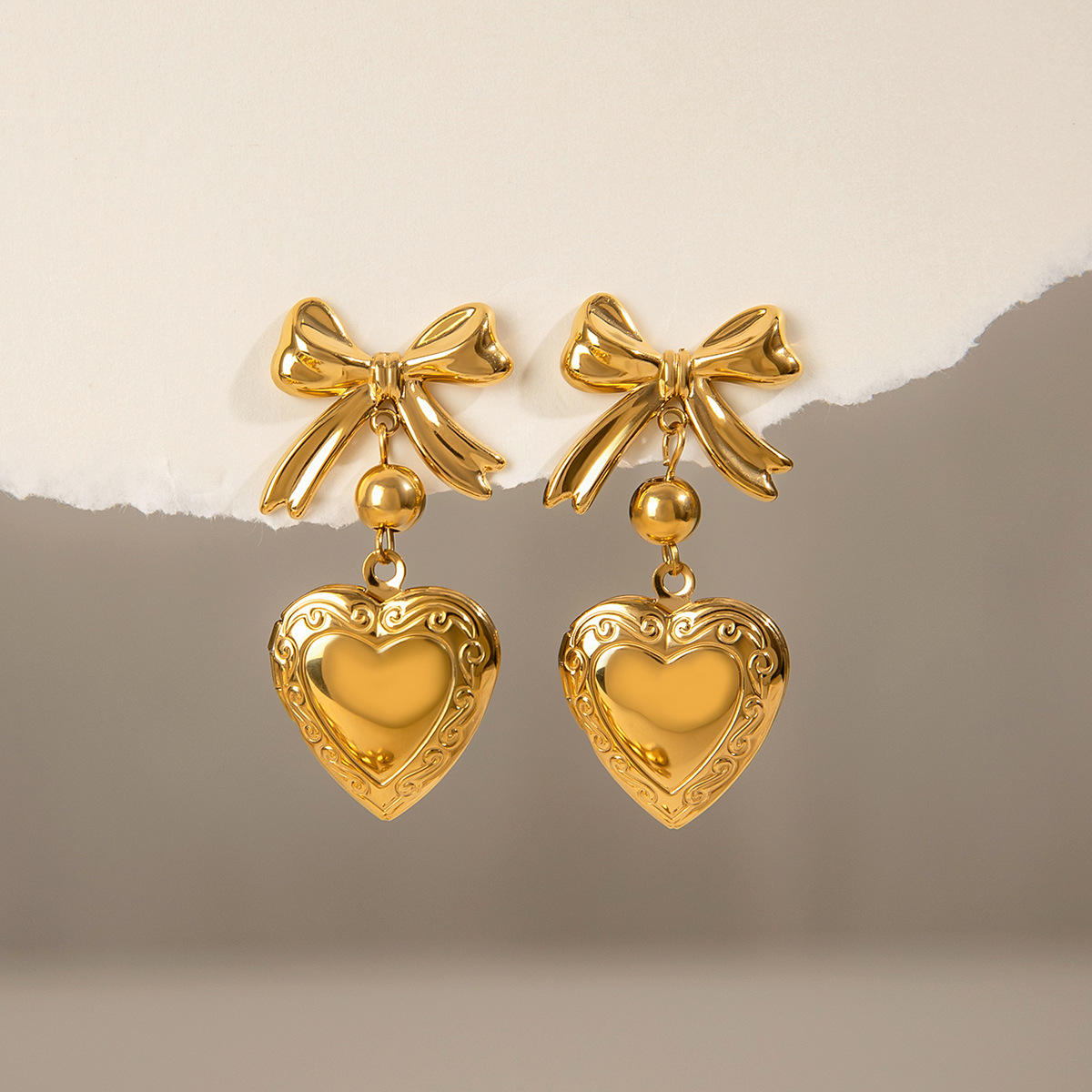 Vintage Bow Heart Drop Earrings