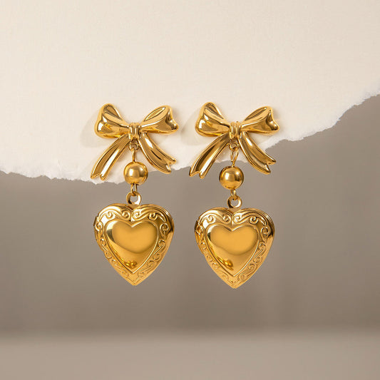 Vintage Bow Heart Drop Earrings