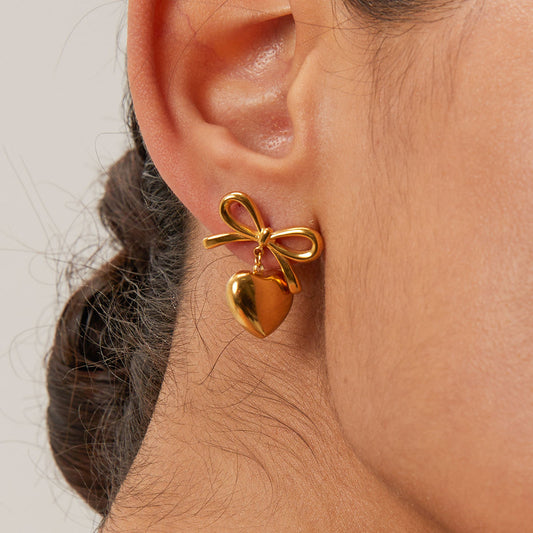 Golden Bow Heart Drop Earrings
