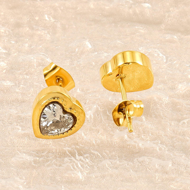 Crystal Heart Gold Stud Earrings
