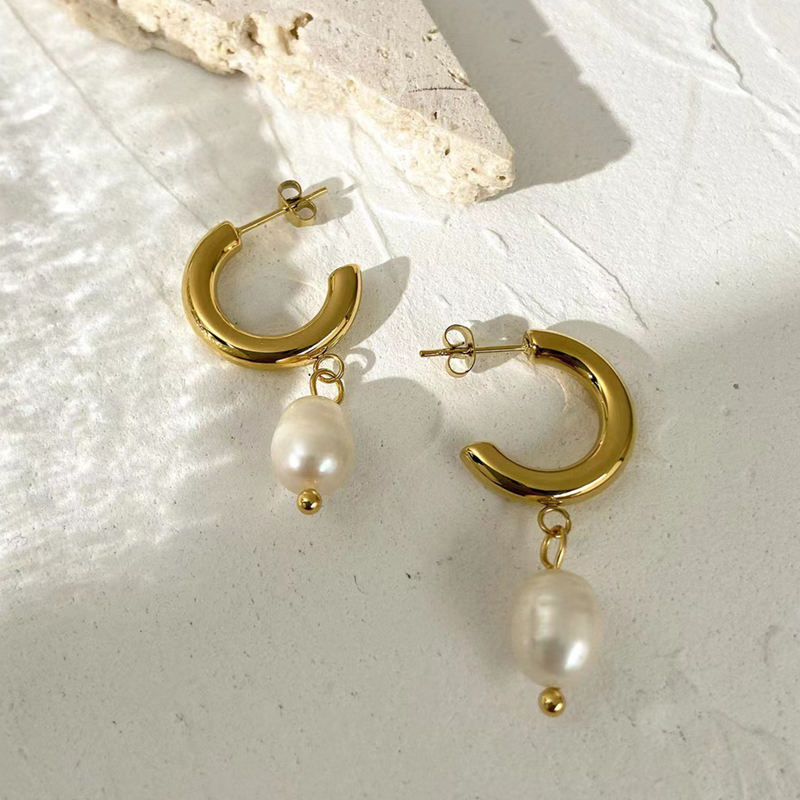 Pearl Drop Gold Hoop Earrings