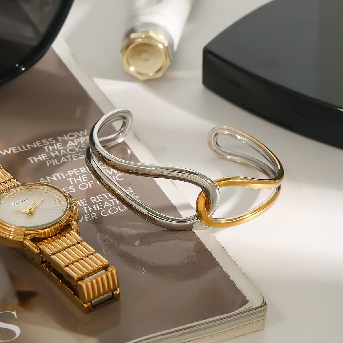 Dual Wave Two-Tone Sculptural Cuff Bracelet