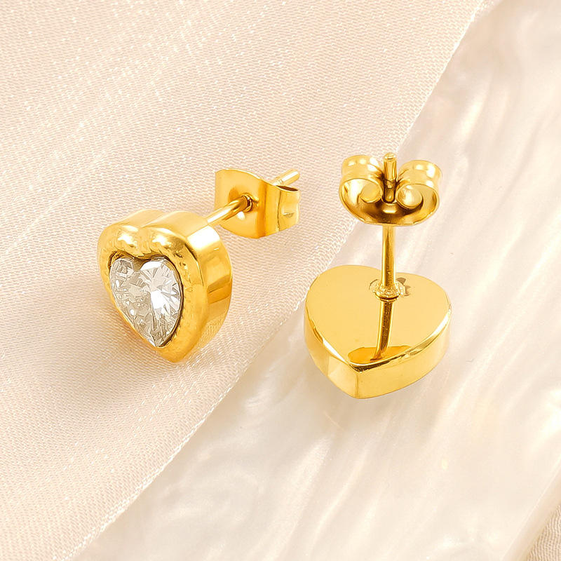 Crystal Heart Gold Stud Earrings
