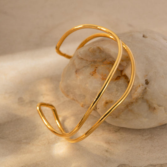 Fluid Wave Minimalist Gold Cuff Bracelet