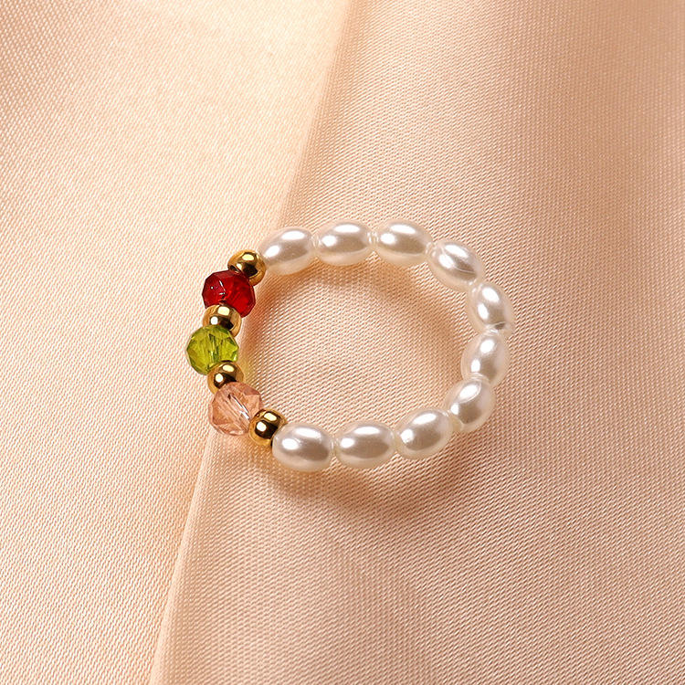 Multi-Gem Pearl Beaded Gold Ring