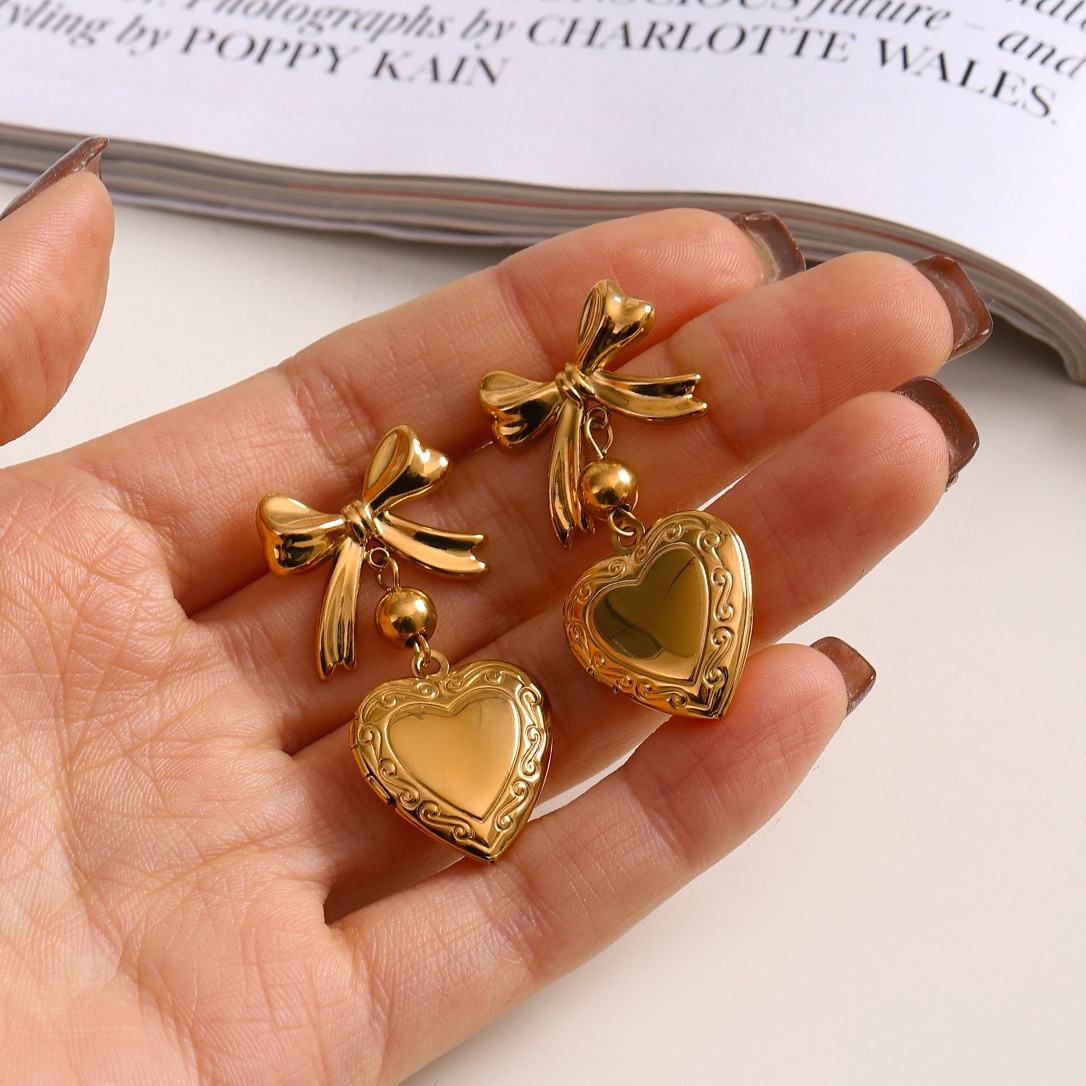 Vintage Bow Heart Drop Earrings