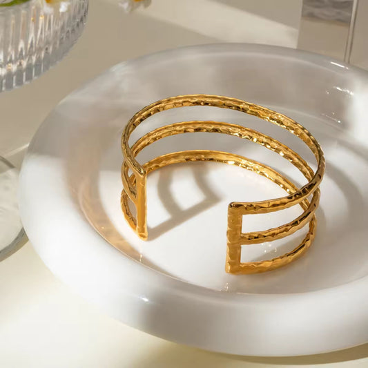 Hammered Horizon Triple-Band Gold Cuff