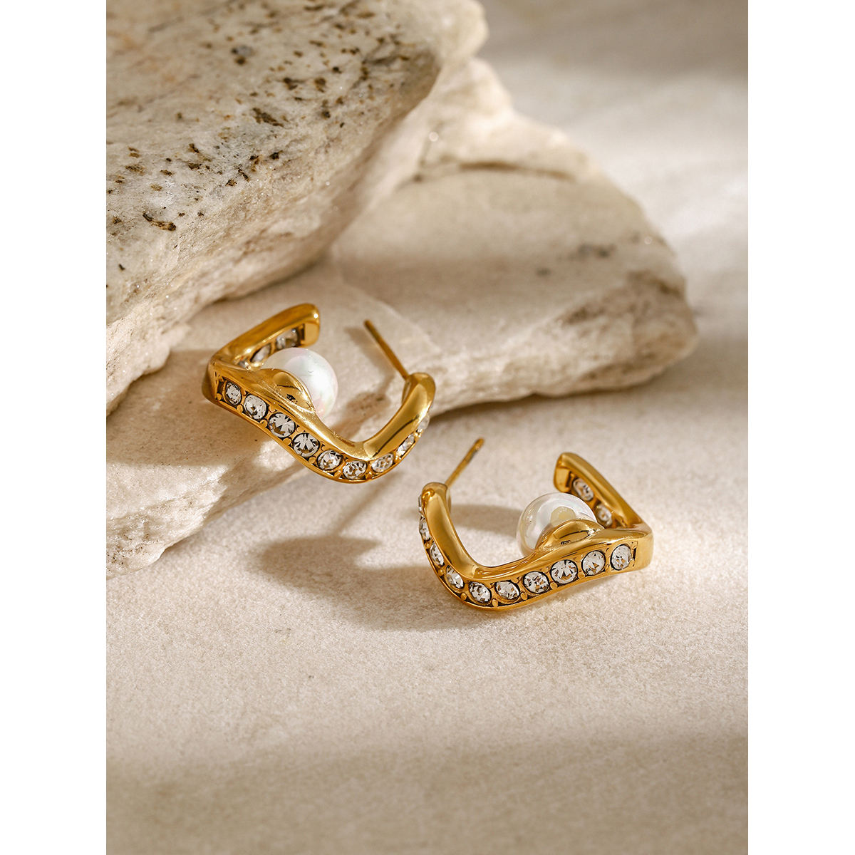 Pearl Wave Crystal Stud Earrings