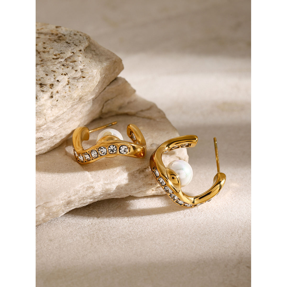 Pearl Wave Crystal Stud Earrings