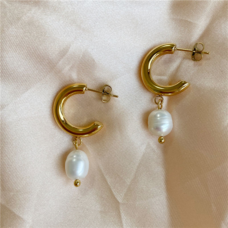 Pearl Drop Gold Hoop Earrings