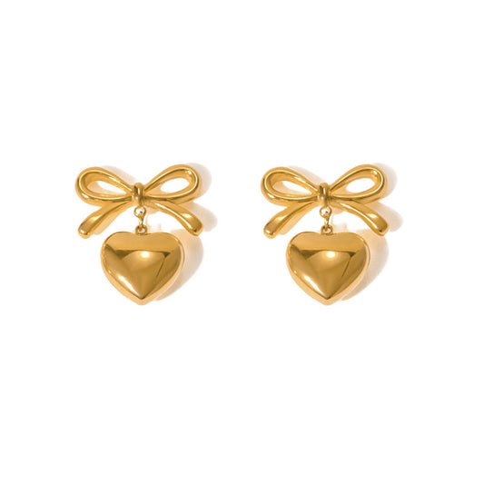 Golden Bow Heart Drop Earrings