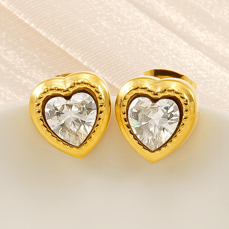 Crystal Heart Gold Stud Earrings
