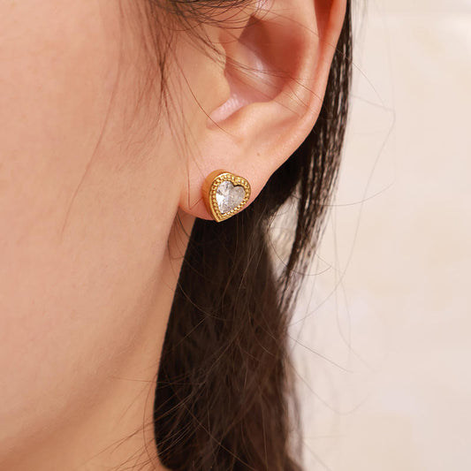 Crystal Heart Gold Stud Earrings
