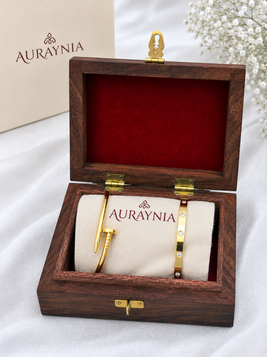 Luxury Gift Set for Girls - 18K Gold Plated Nail & Crystal Cuff Bracelet Combo Standard Size