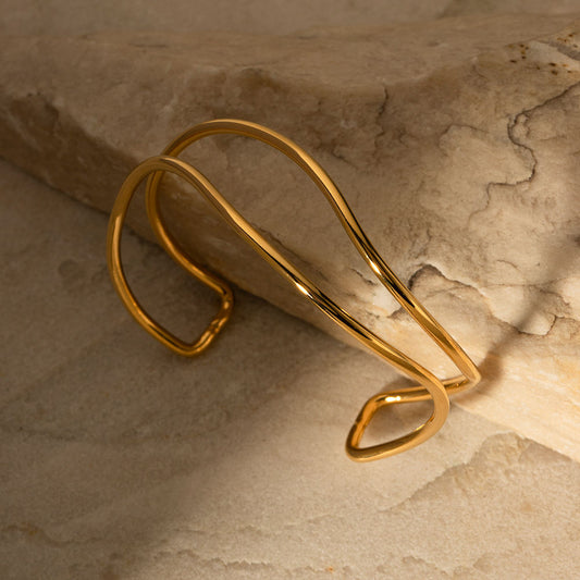 Fluid Wave Minimalist Gold Cuff Bracelet