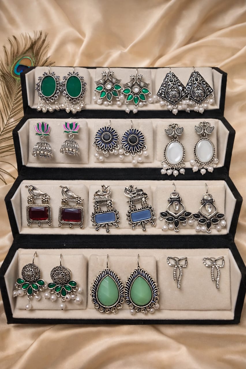 Set Of 12 Designer Stud Earrings With Folding Jewelry Box | Premium Gift Box