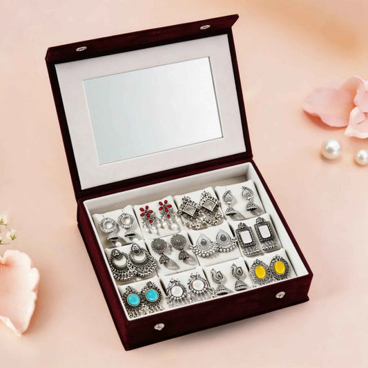 Set Of 12 Oxidized Designer Earrings With Folding Mirror Jewelry Box