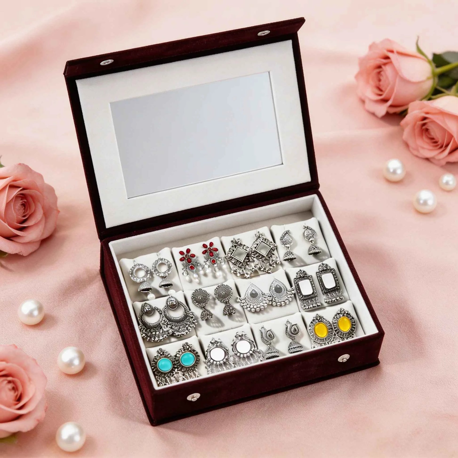 Set Of 12 Oxidized Designer Earrings With Folding Mirror Jewelry Box
