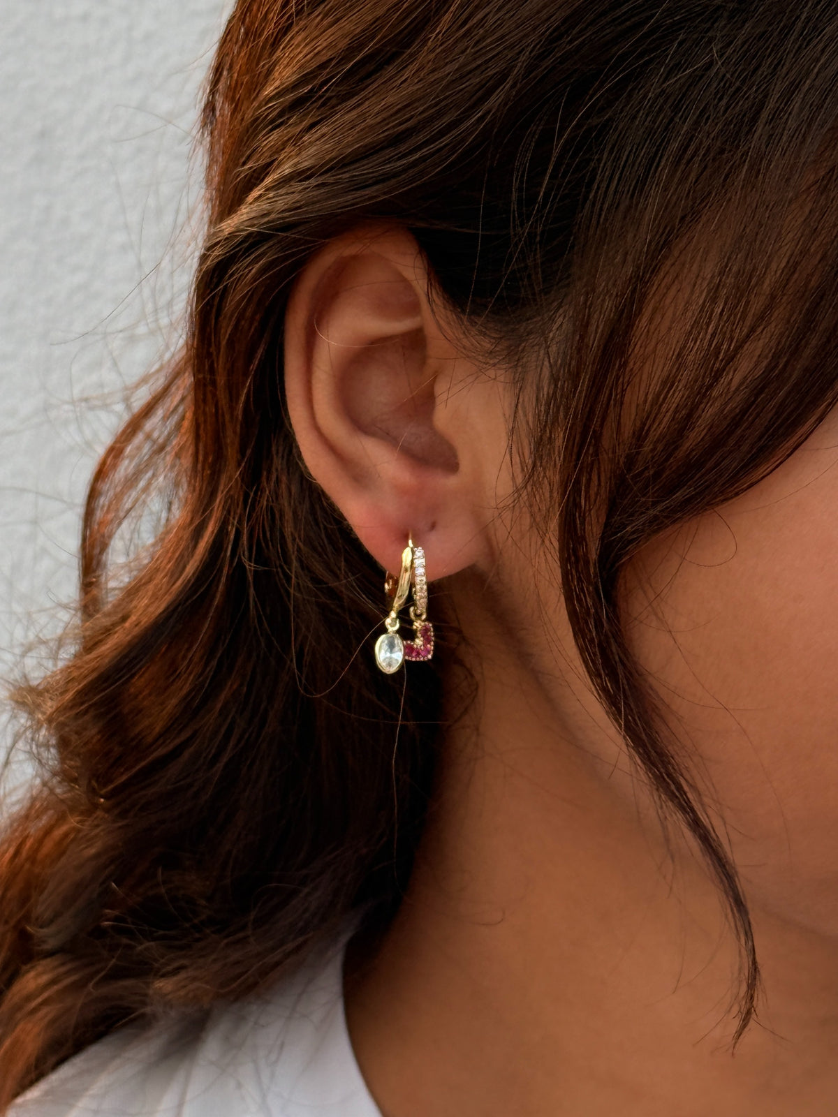 Pink Crystal Charm Hoop Earrings